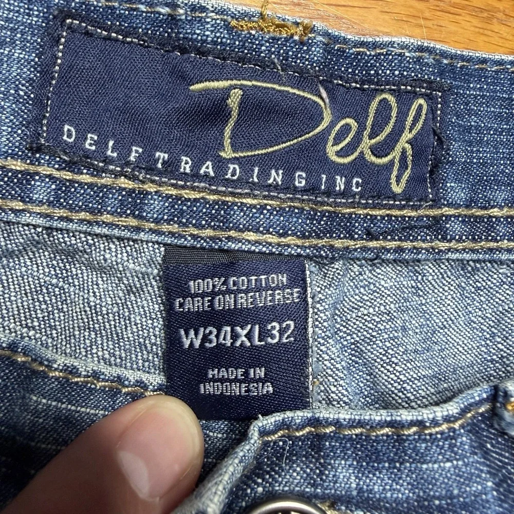 Delf Trading Jeans Men's 34x32 Y2K Wide Leg Grunge Evisu Style Denim Embroidered